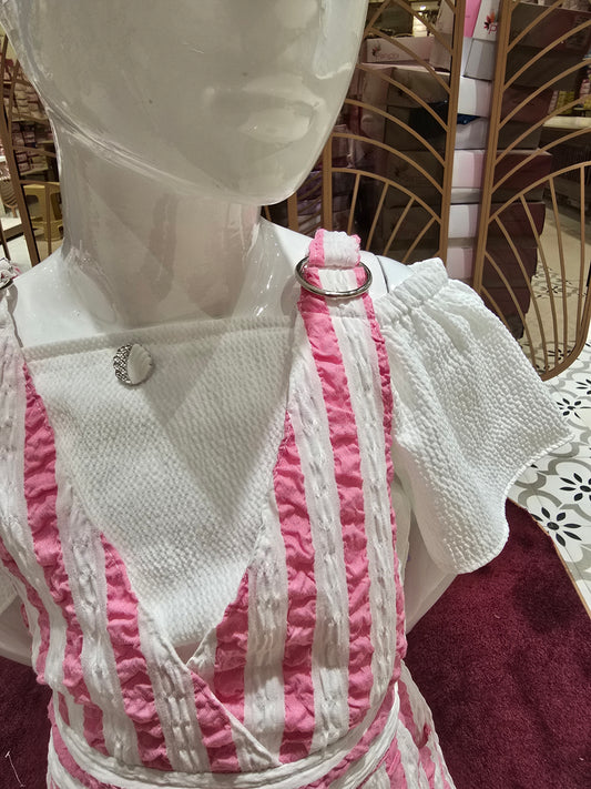 Baby Pink & White Crush Cotton 3-Piece Western Set for Girls – Dangri, T-Shirt with Cold Shoulder & Bell Sleeves