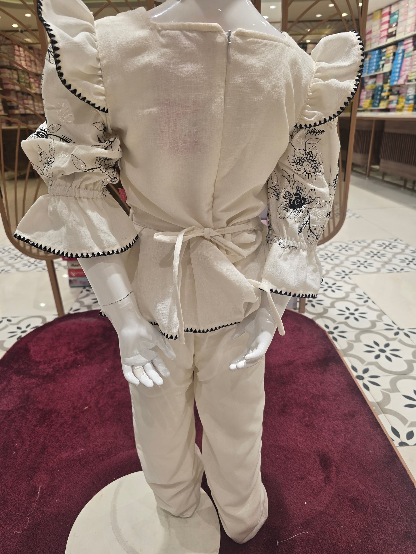 Half White Cotton Western Wear Set with Embroidery & Sequence Work, Bow Waist – 3 Piece Party Wear