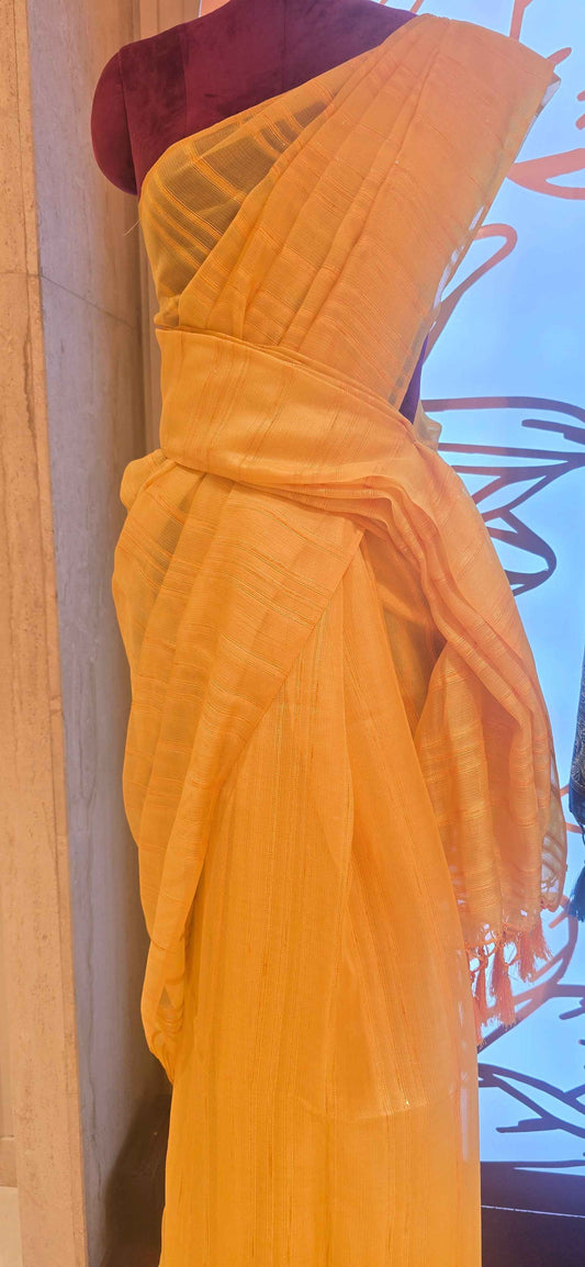 Organza material gold color saree with thread work