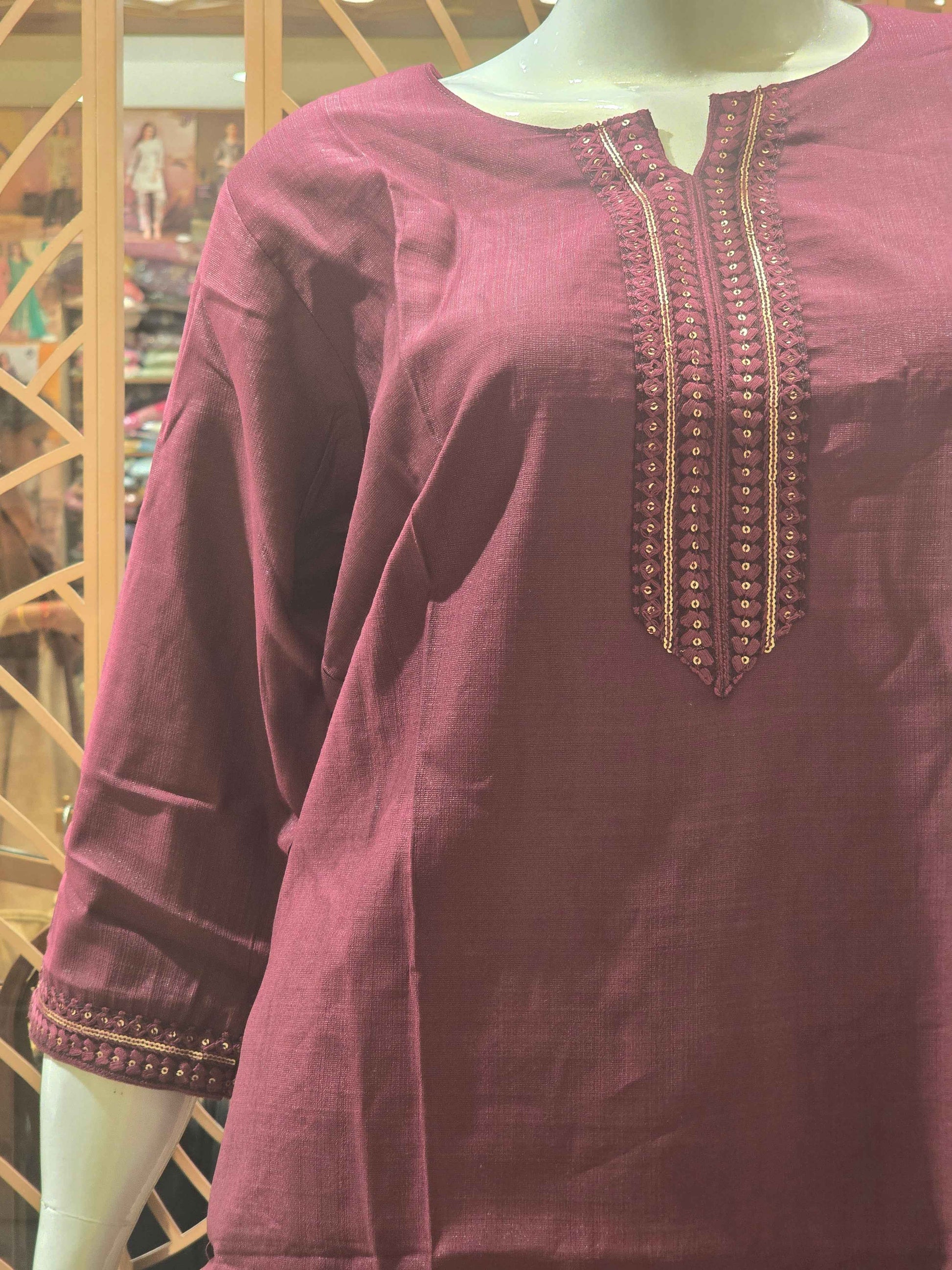 Cotton material maroon colour single kurti for women