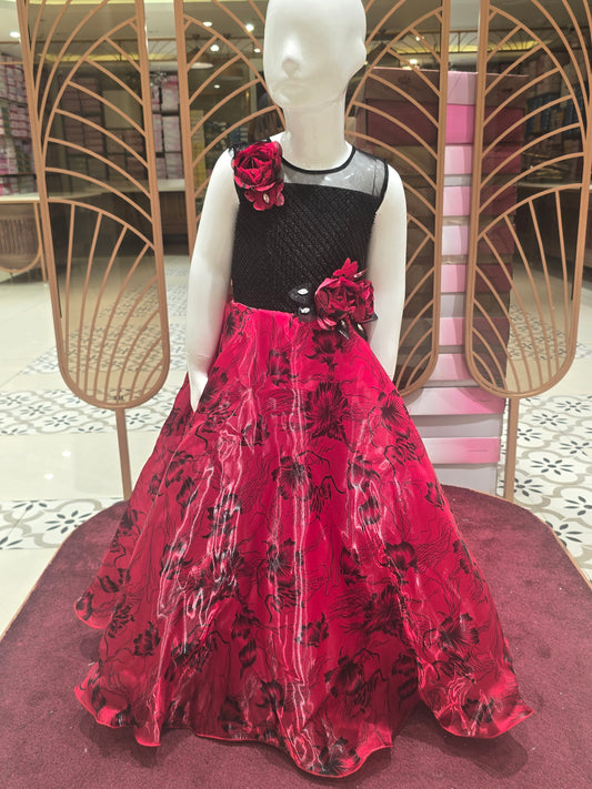 Girl Red Black Printed Satin Party Wear Gown
