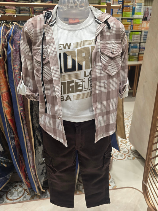 Boys Lycra Cotton 3 Piece Set in Fawn Color with Checked Hoodie, Cotton Cargo Pant and Printed Inner T-Shirt for Summer Wear