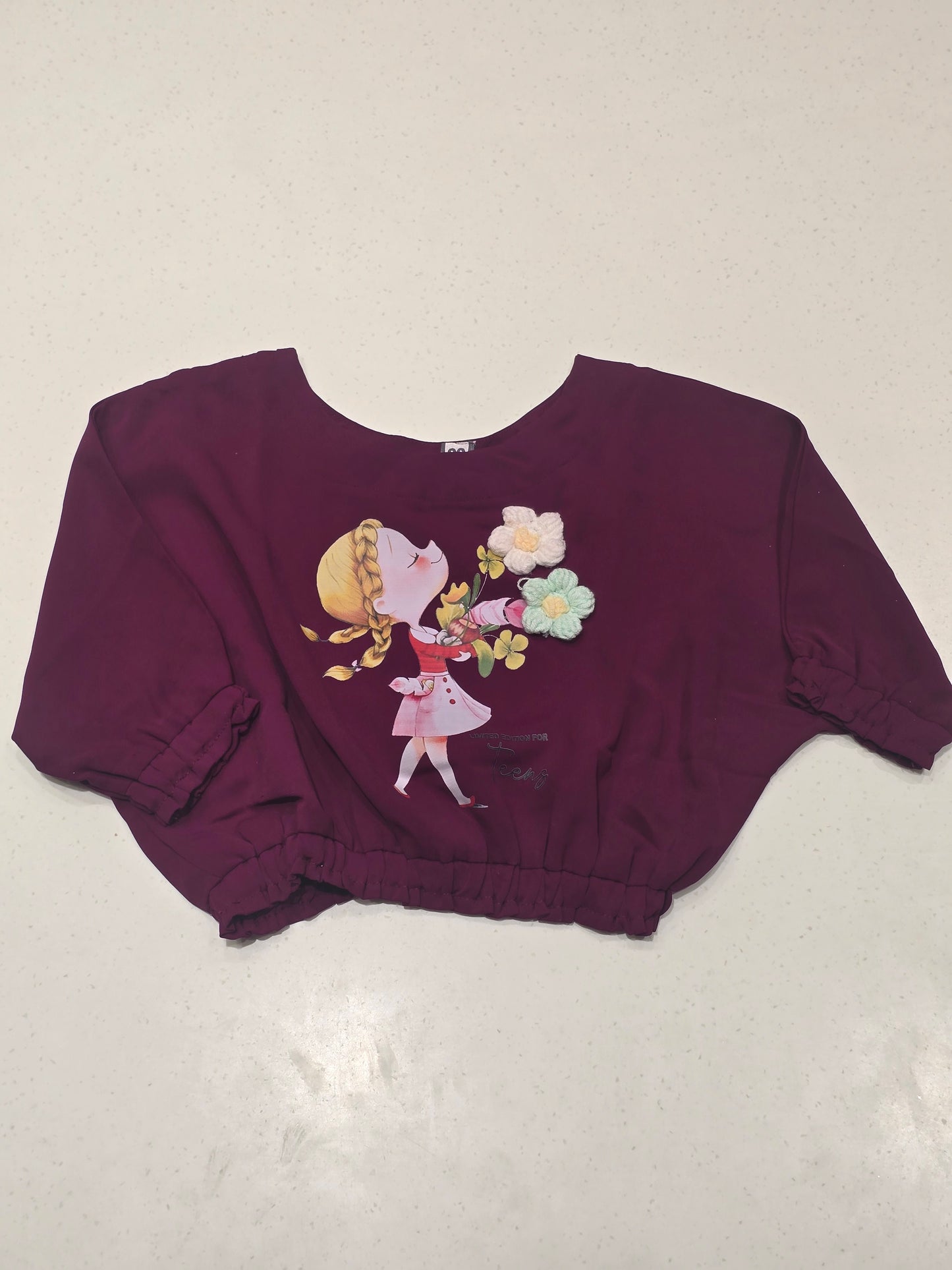 Girls Maroon Satin Stylish Rubber Printed Top