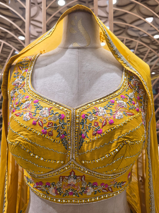 Mustard Silk Banarasi Lehenga with Floral Design & Handwork | V-Neck Crop Blouse & Banarasi Dupatta