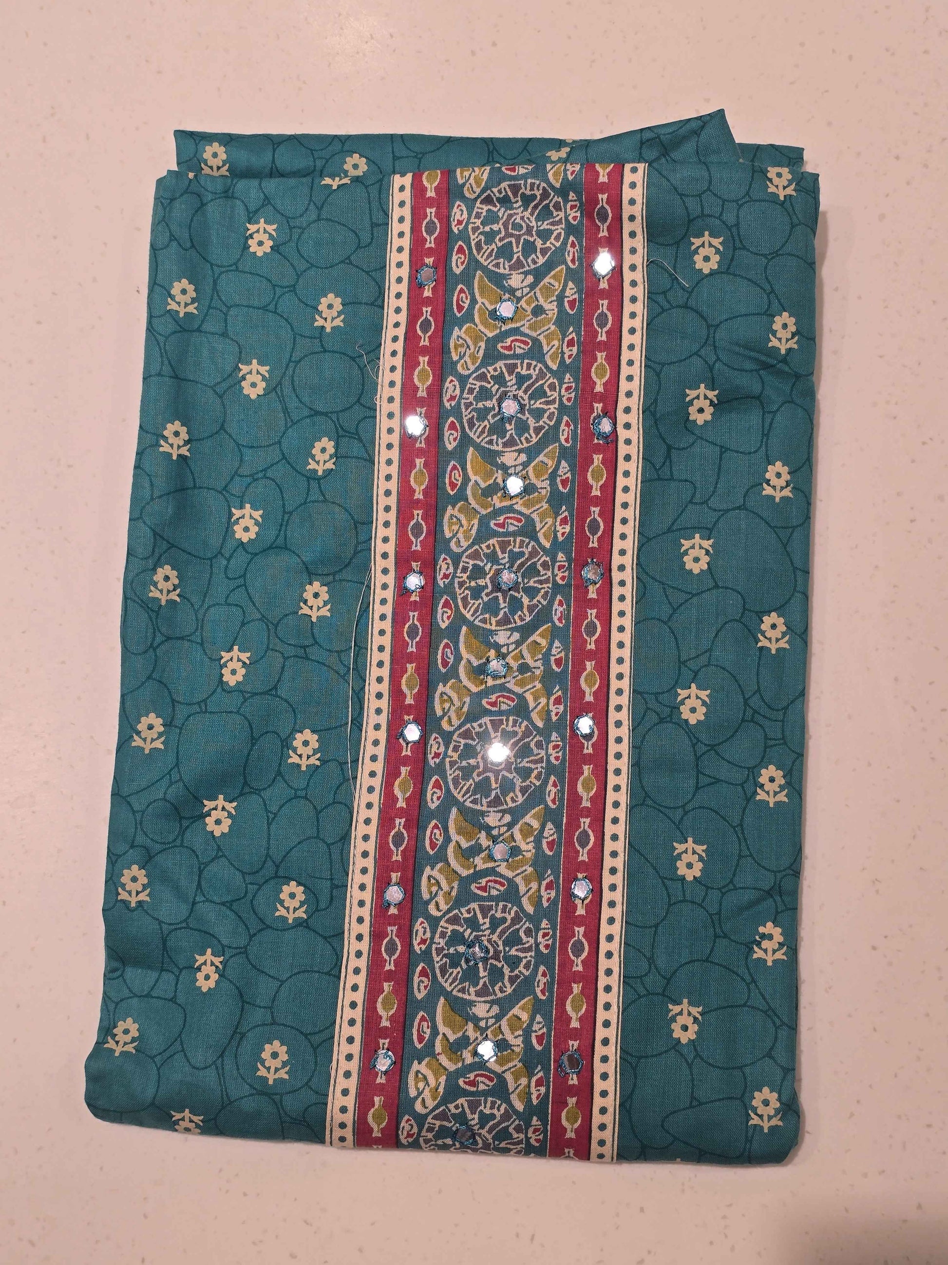 Women Rama Green Semi Cotton Printed Dress Material Set