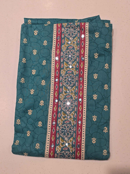 Women Rama Green Semi Cotton Printed Dress Material Set