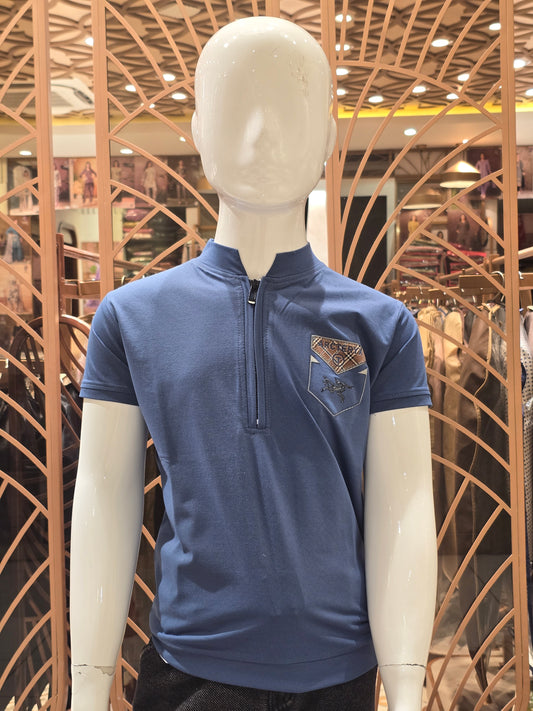 Boys Denim Blue Lycra I Neck T Shirt