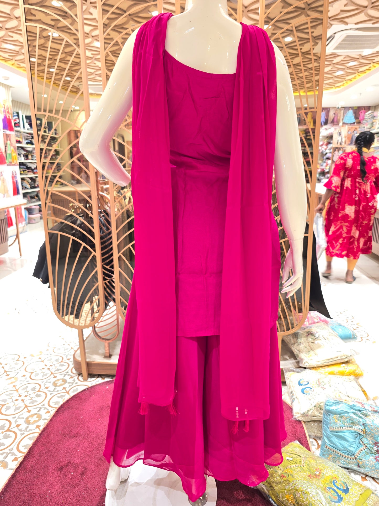 Women Pink Crepe Golden Floral Sharara Set