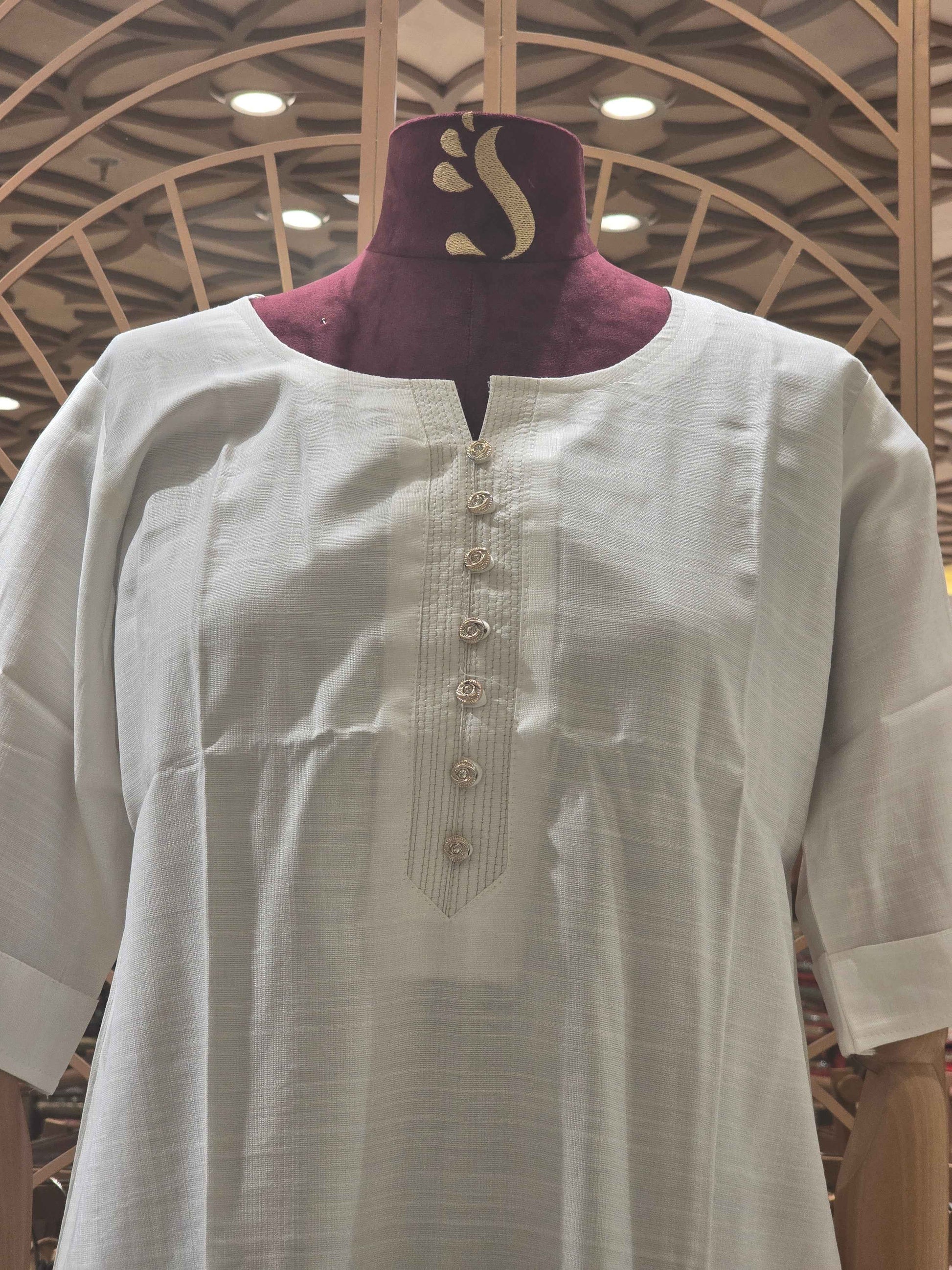 Lenin cotton material half white color kurti with ¾ sleeves