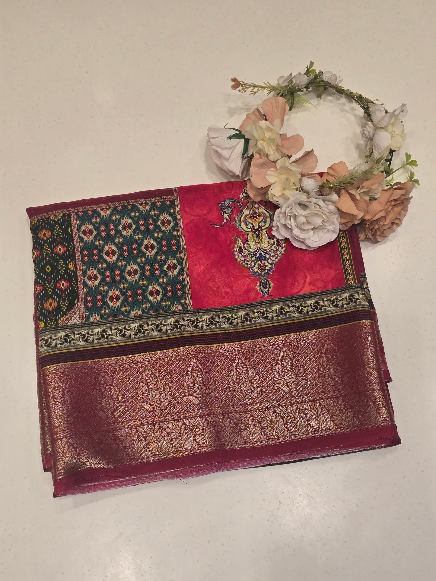 Semi Crepe Printed Silk Saree with Banarasi Border and Contrast Butta Blouse | Festive & Party Wear