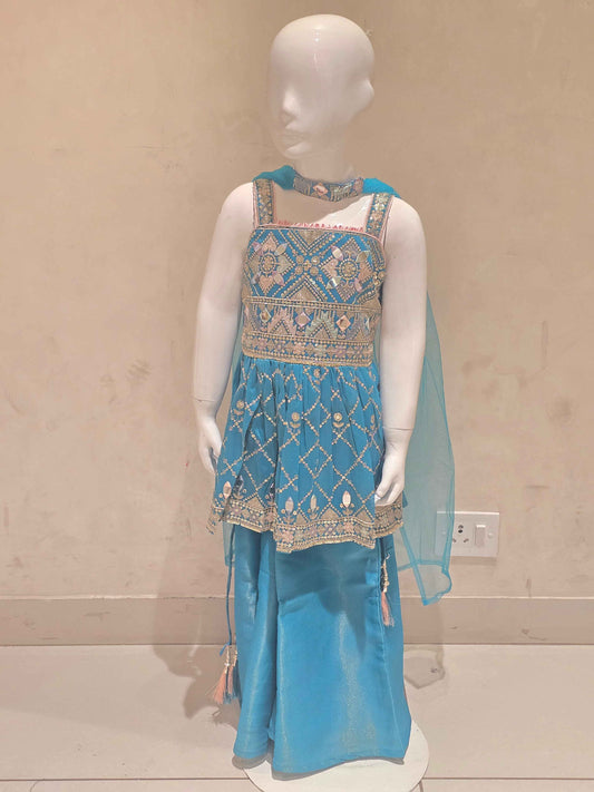 Sky Blue Tissue Sharara Set for Girls
