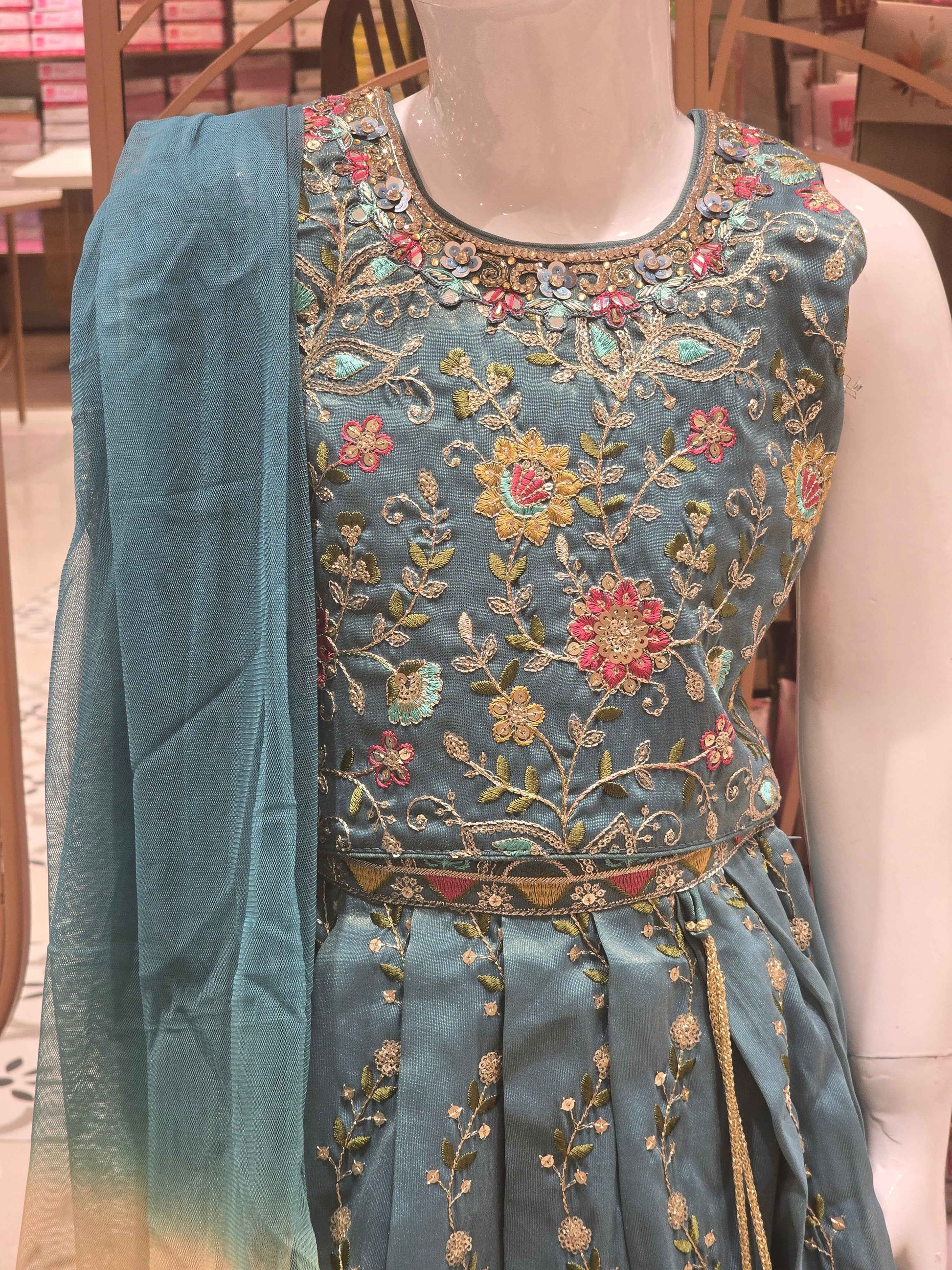 Crepe material blue colour gaghra choli with embroidery work