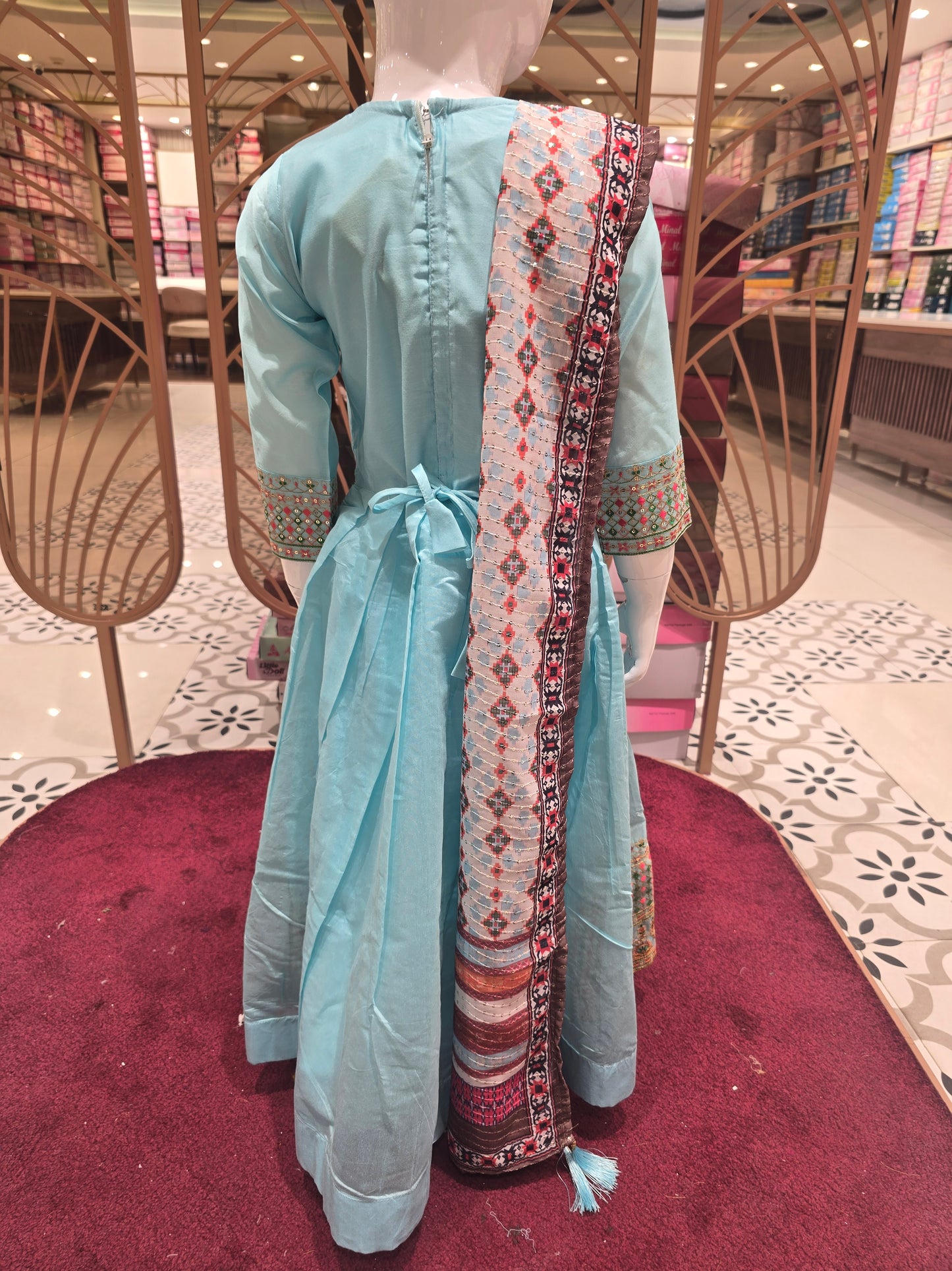 Girl Sky Blue Chanderi Silk Anarkali Kurta Set