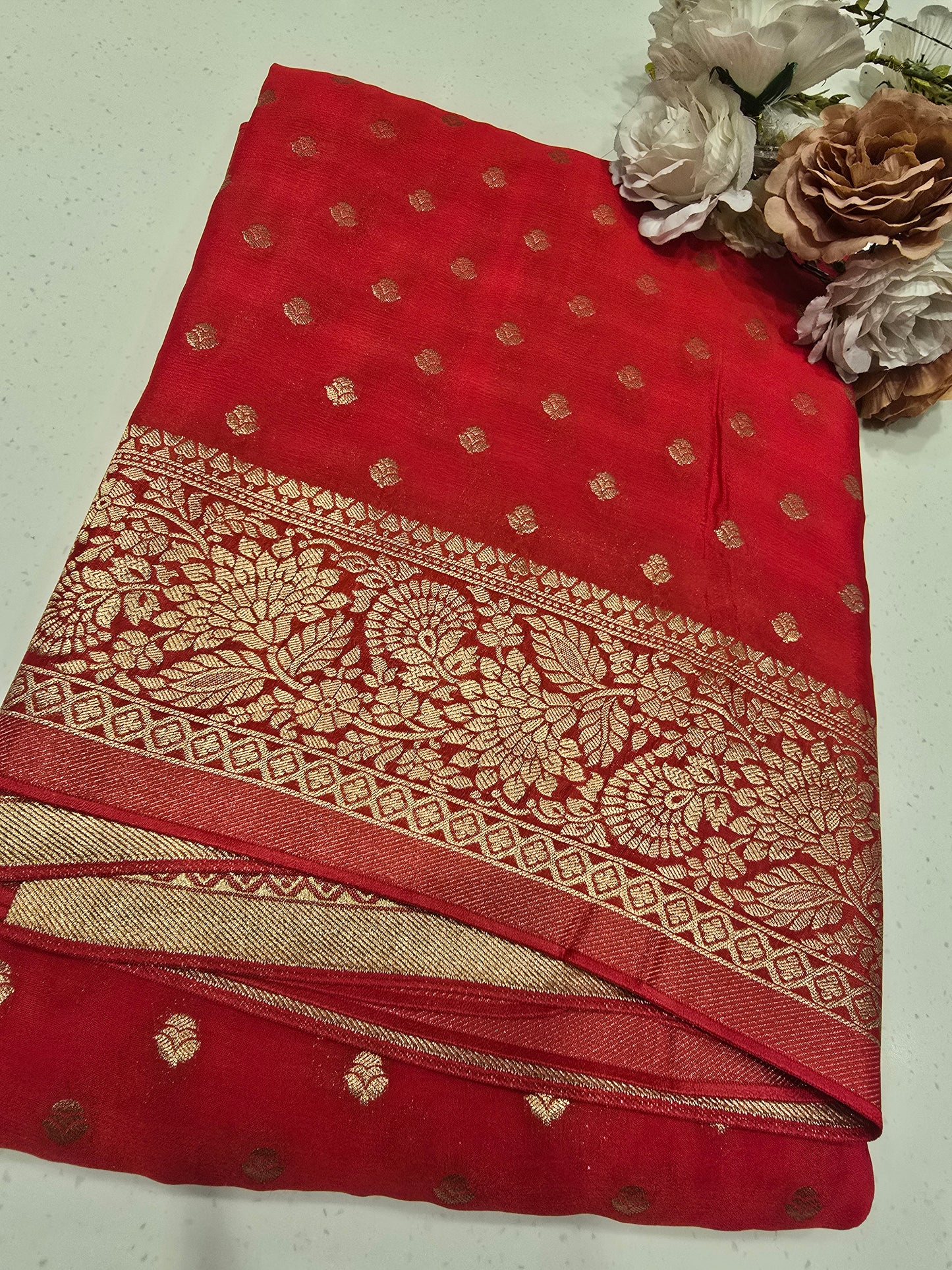 Chinon Banarasi Silk Saree with Thousand Butta & Designer Zari Border | Festive & Party Wear Saree for Women