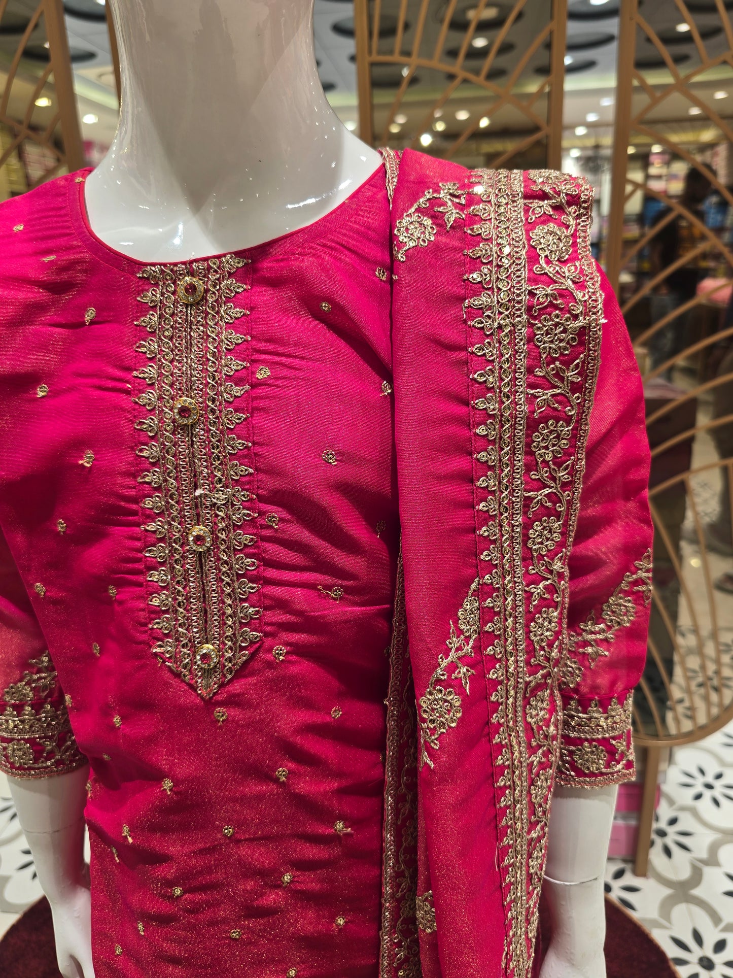 Girls Tissue Silk Ethnic Chudidar Set in Orangish Pink with All-Over Zari Embroidery and Straight Cut Bottom for Festive and Traditional Occasions