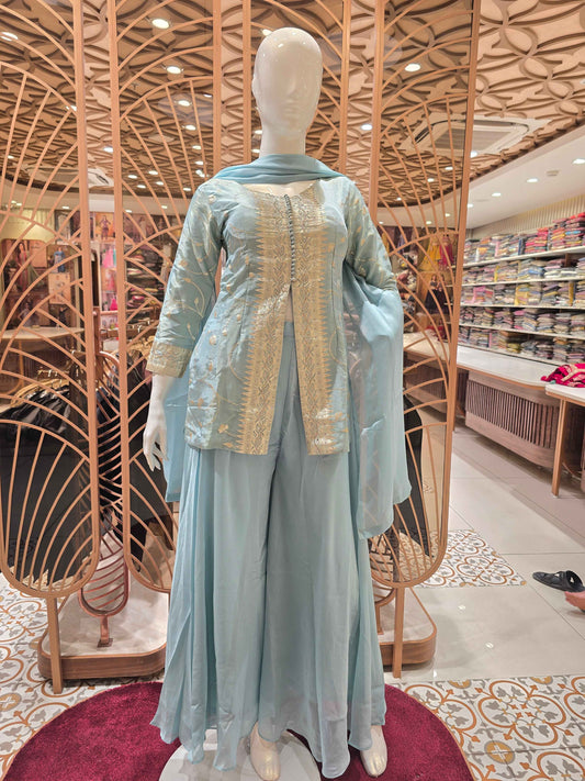 Georgette Material sky blue colour plazo kurti set with slit cut top