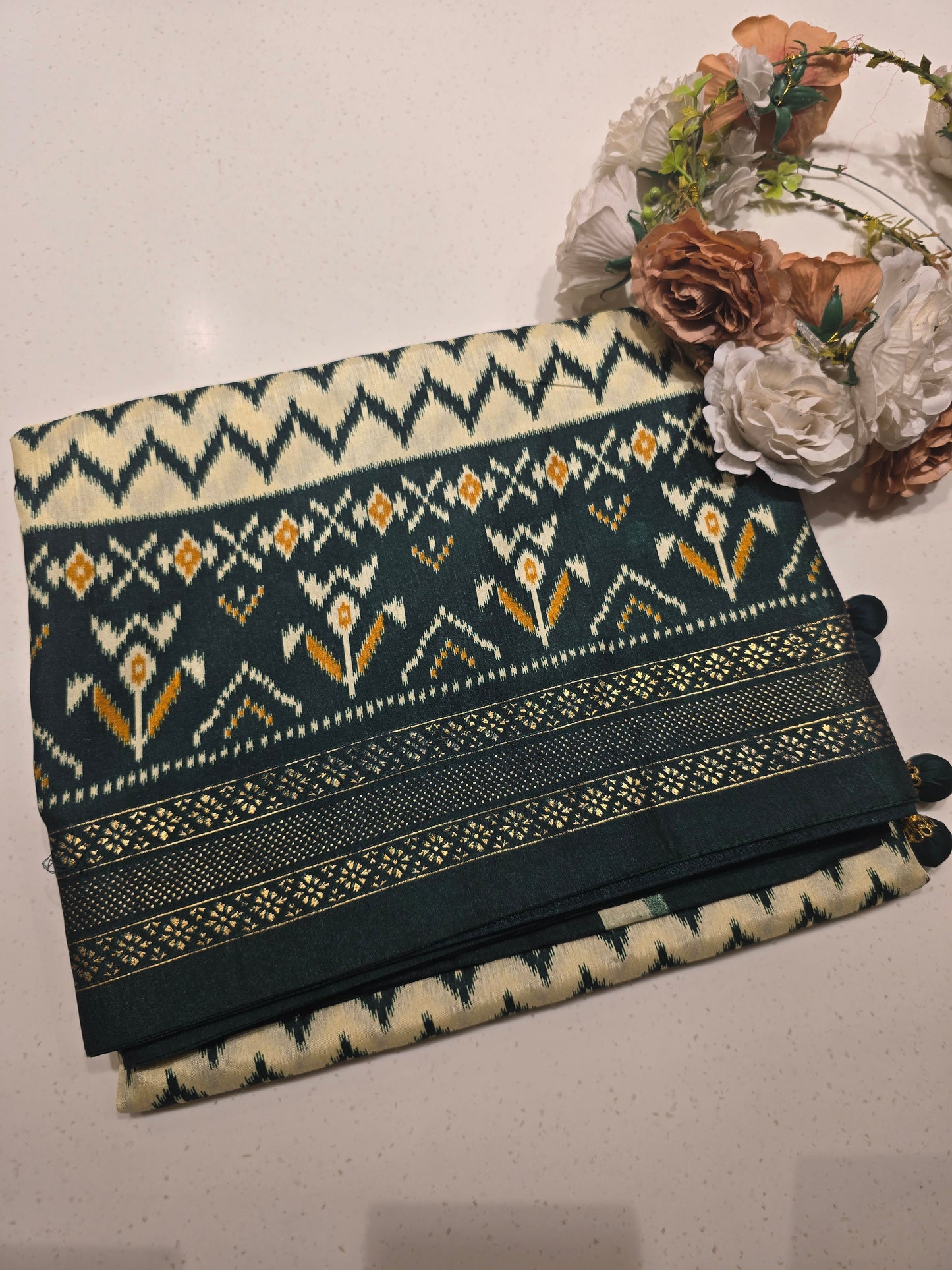 Semi Patola Silk Saree with Traditional Ikat Weaving & Zari Border | Elegant Festive & Wedding Wear Saree for Women