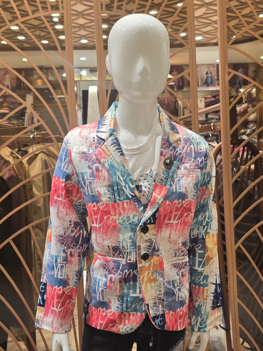 White Printed Satin Blazer Set for Boys