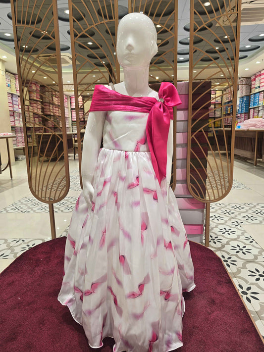 Girl White Pink Printed Organza Party Gown