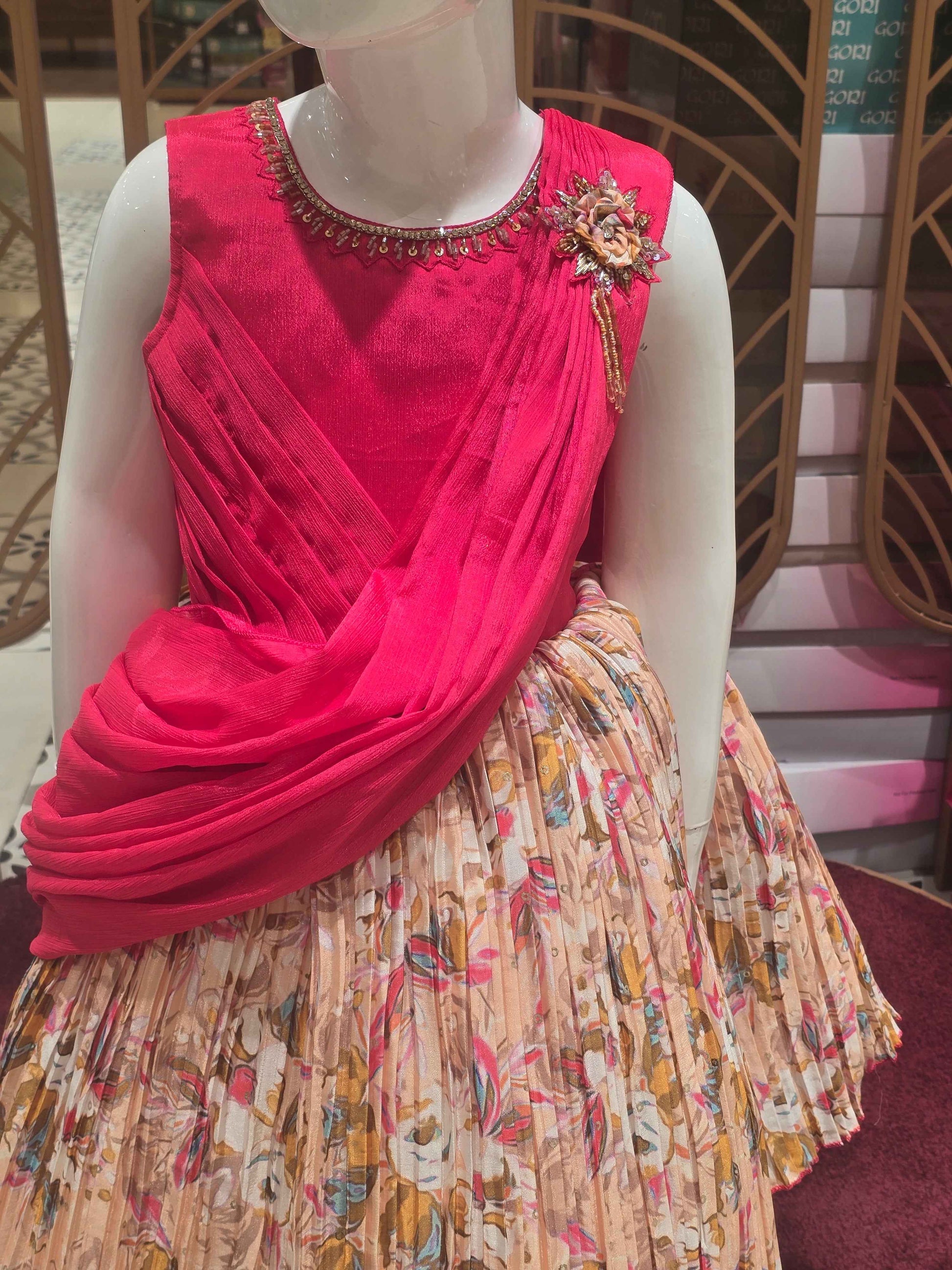 Georgette Material orangish pink with digital printed baby frock , saree model( pallu design) and round neck