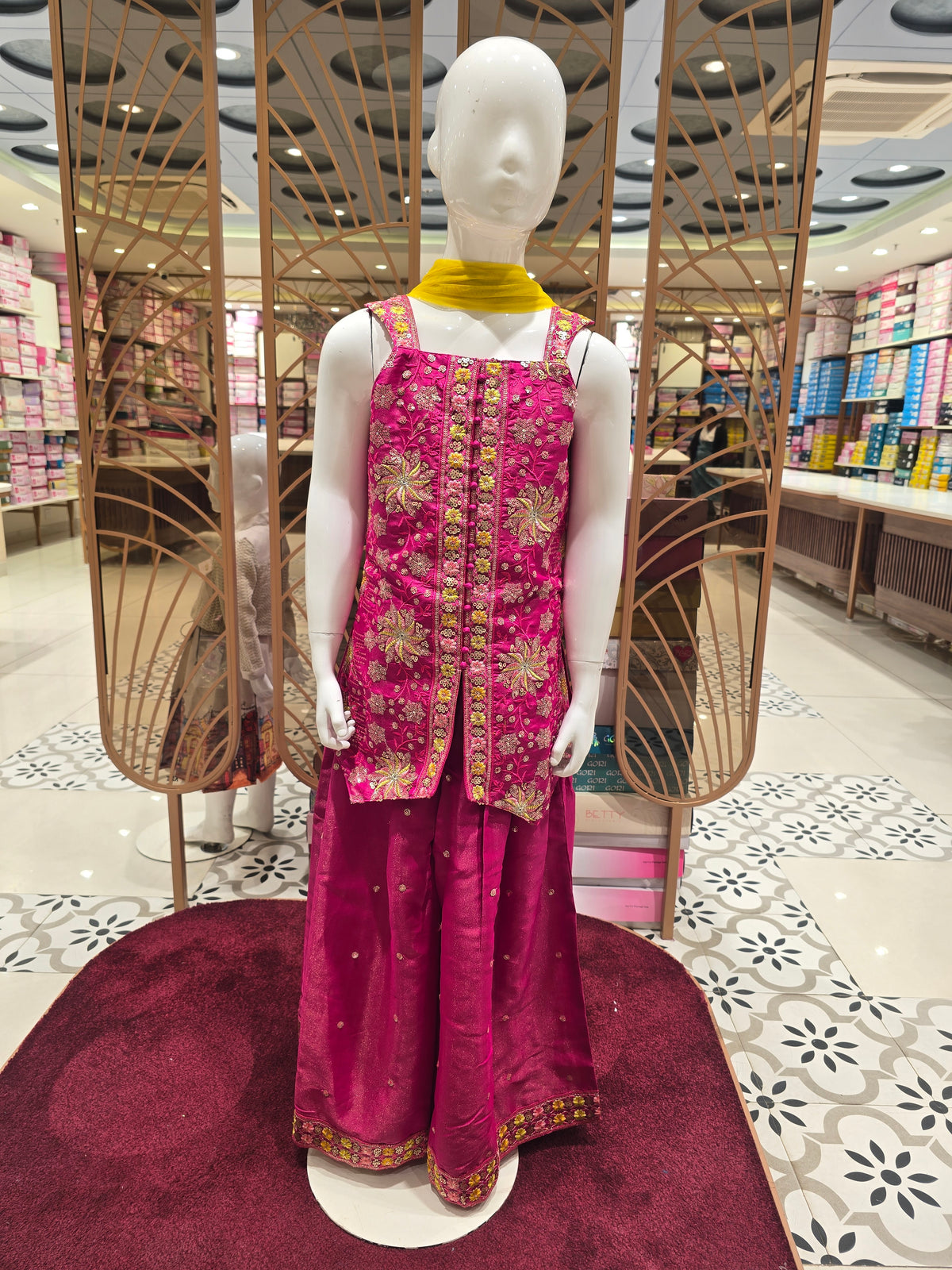 Girls Tissue Silk Indo Western Blazo Set in Rose Pink with Sequins Floral Embroidery, Spaghetti Straps, Cape Cut Front Slit Pant and Pleated Skirt Blazo for Festive and Party Occasions