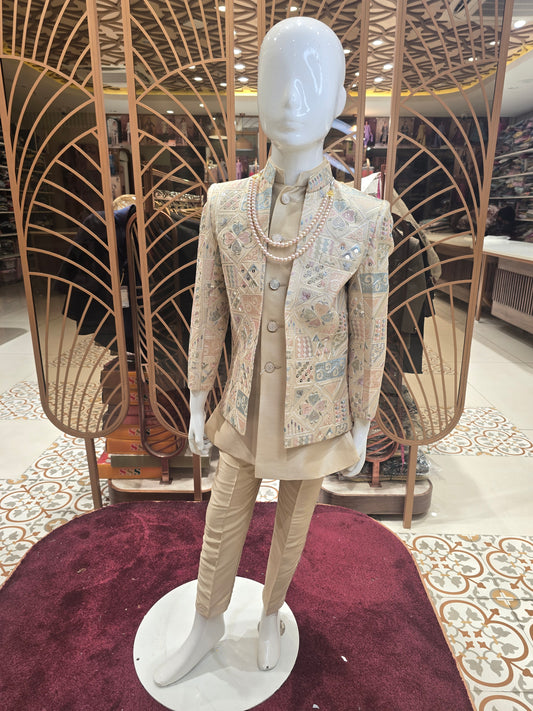 Cream Colored Silk Mix Junior Ethnic Indowestern with Hand-Work Embroidery, Sequence & Maala