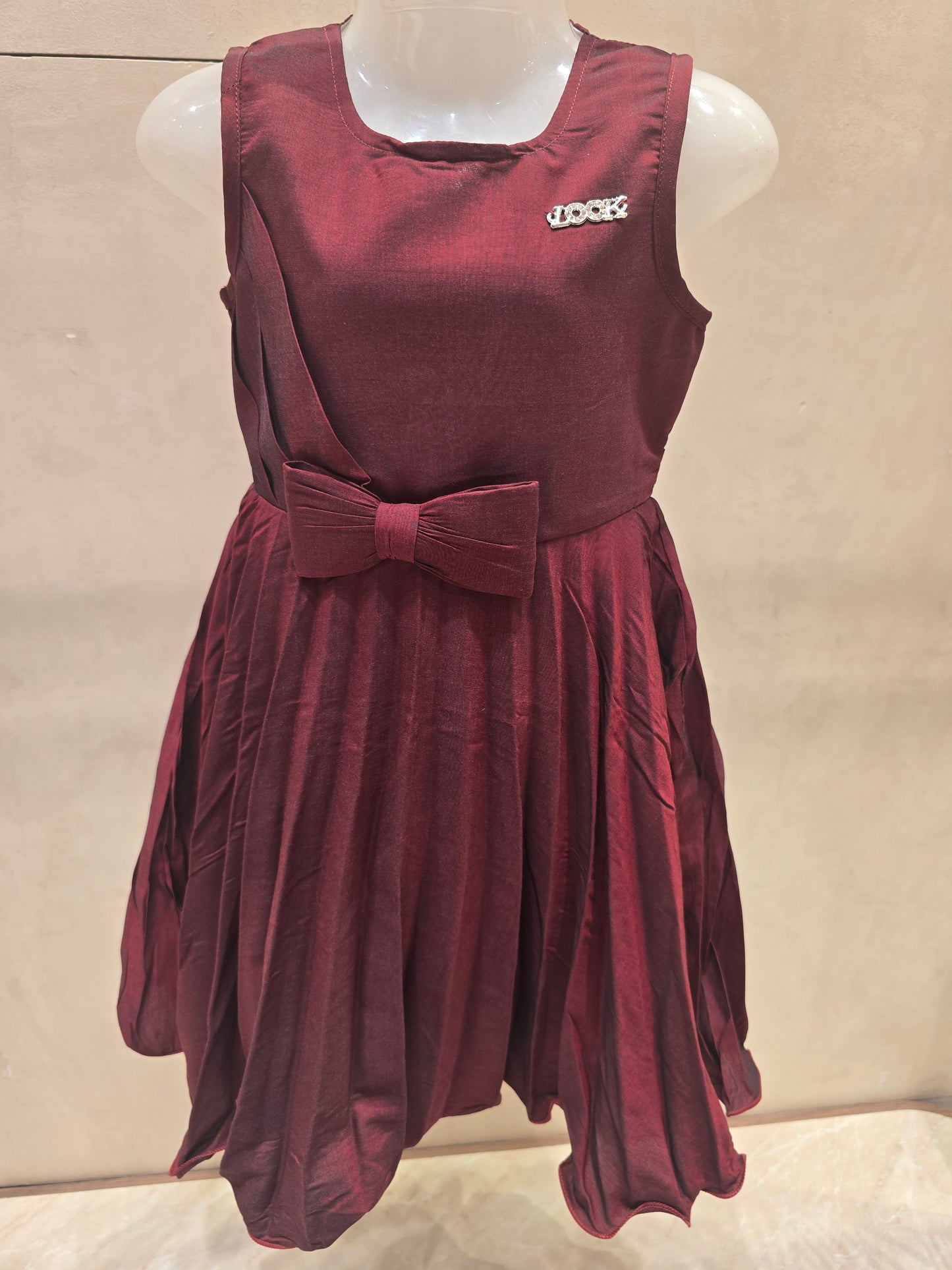 Maroon Georgette Crush Frock with Bow | Sleeveless Short Frock