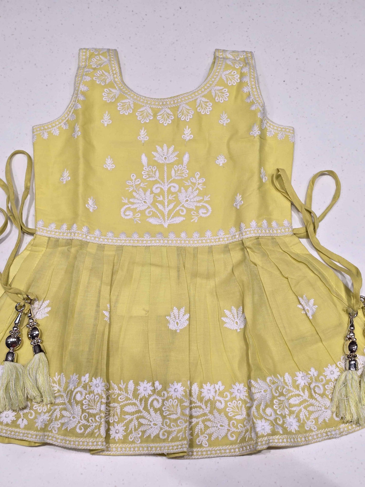 Lemon Yellow Chanderi Silk Patiala Set for Girls with White Thread Embroidery