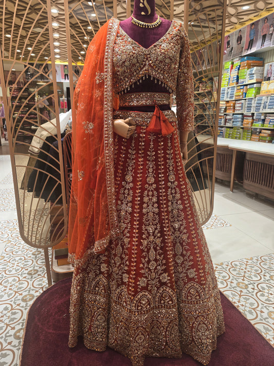 Orange Net Bridal Lehenga with Stone & Sequin Work | V-Neck Blouse with 3/4th Sleeves & Pink Dupatta