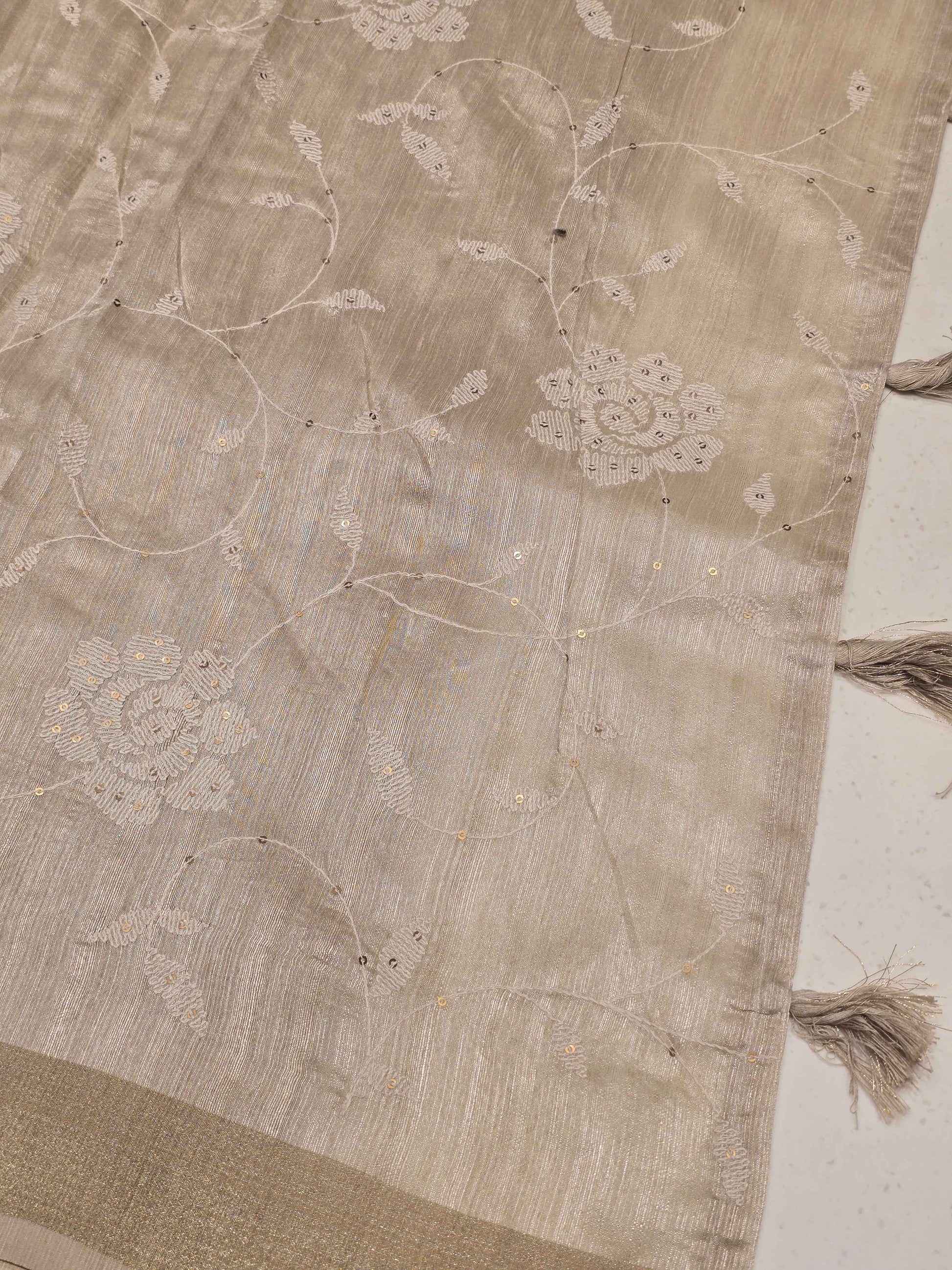 Tussar Saree with White Floral Embroidery