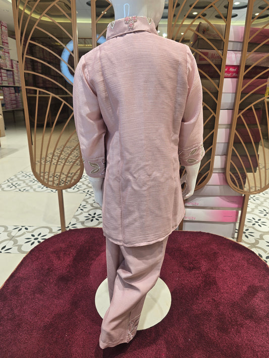 Girls 2 piece Light Peach Crepe Coat Set with silver embroidery for right side and left bottom of the top collar neck