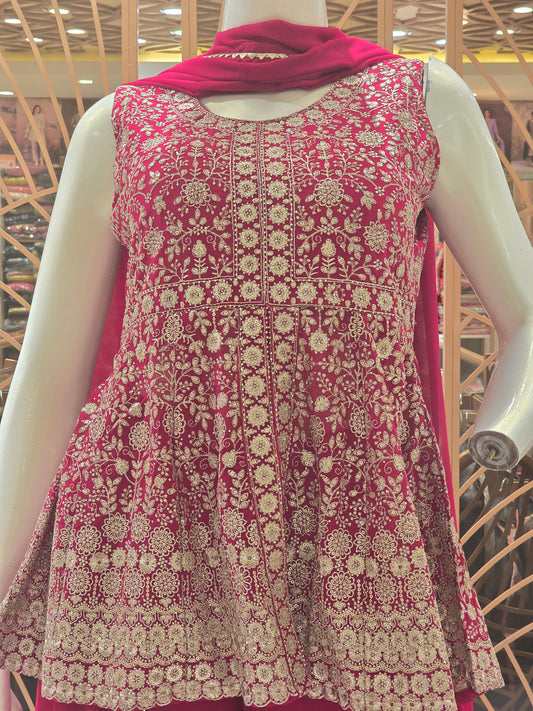 Women Pink Chiffon Silver Embroidered Sharara Set