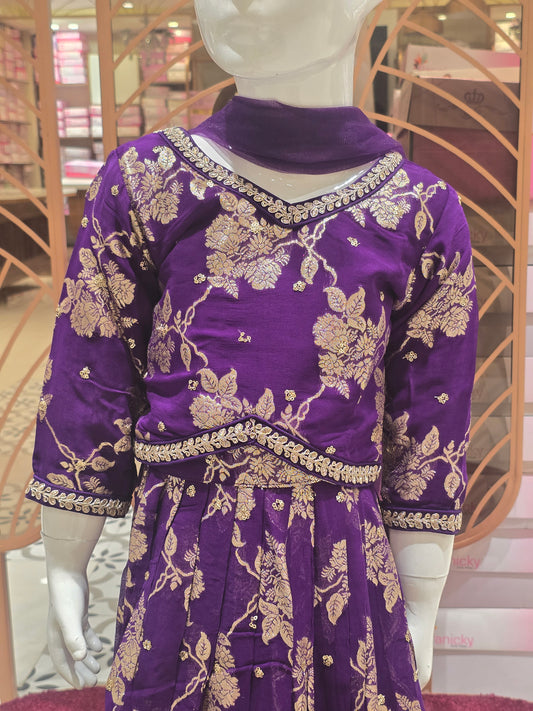 Girl Purple Floral Banarasi Crepe Ghagra Choli Set