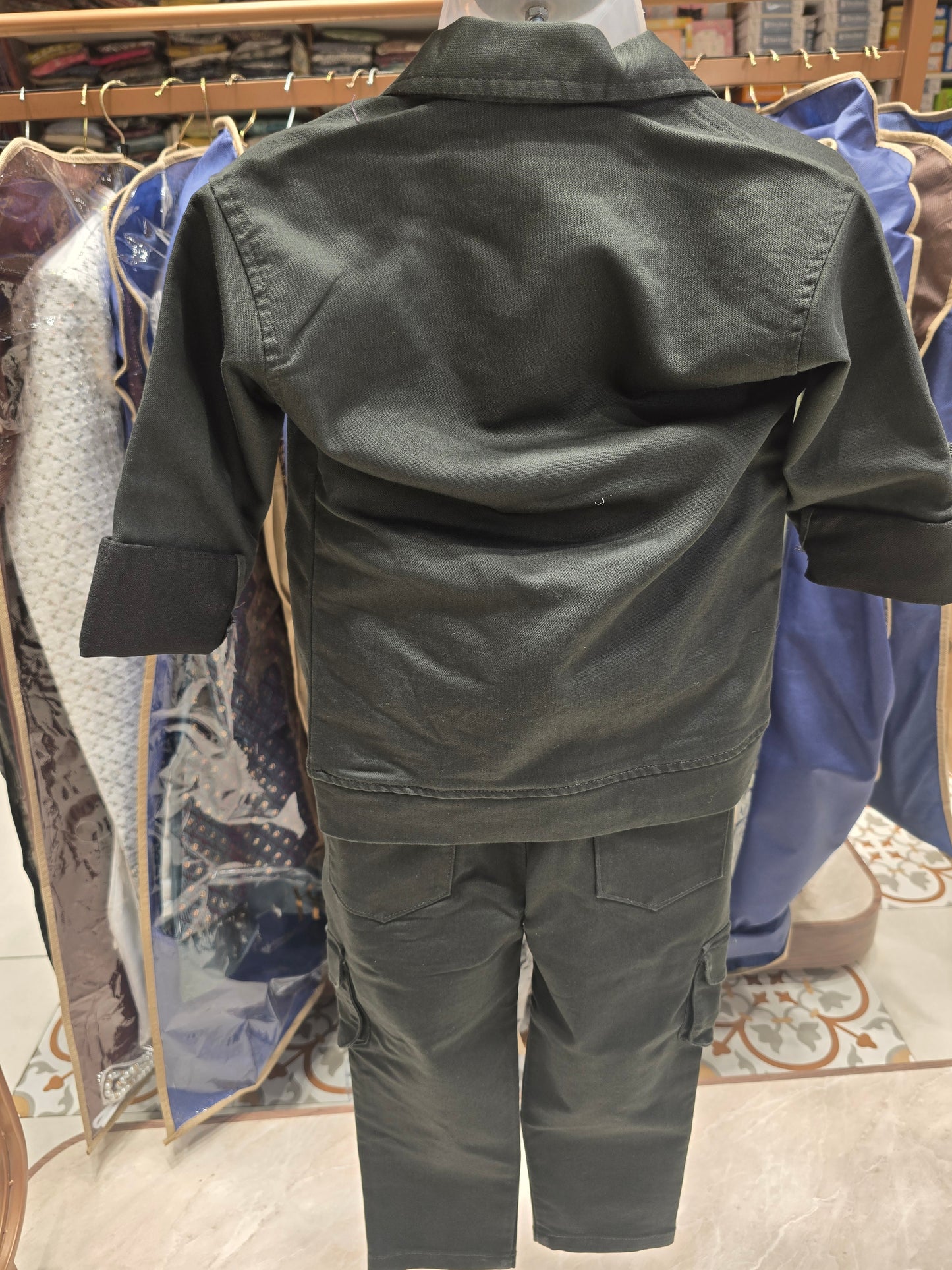 Boys Lycra Cotton 3 Piece Set in Bottle Green with Two Pocket Coat, Printed T-Shirt and Cargo Pant for Summer Wear