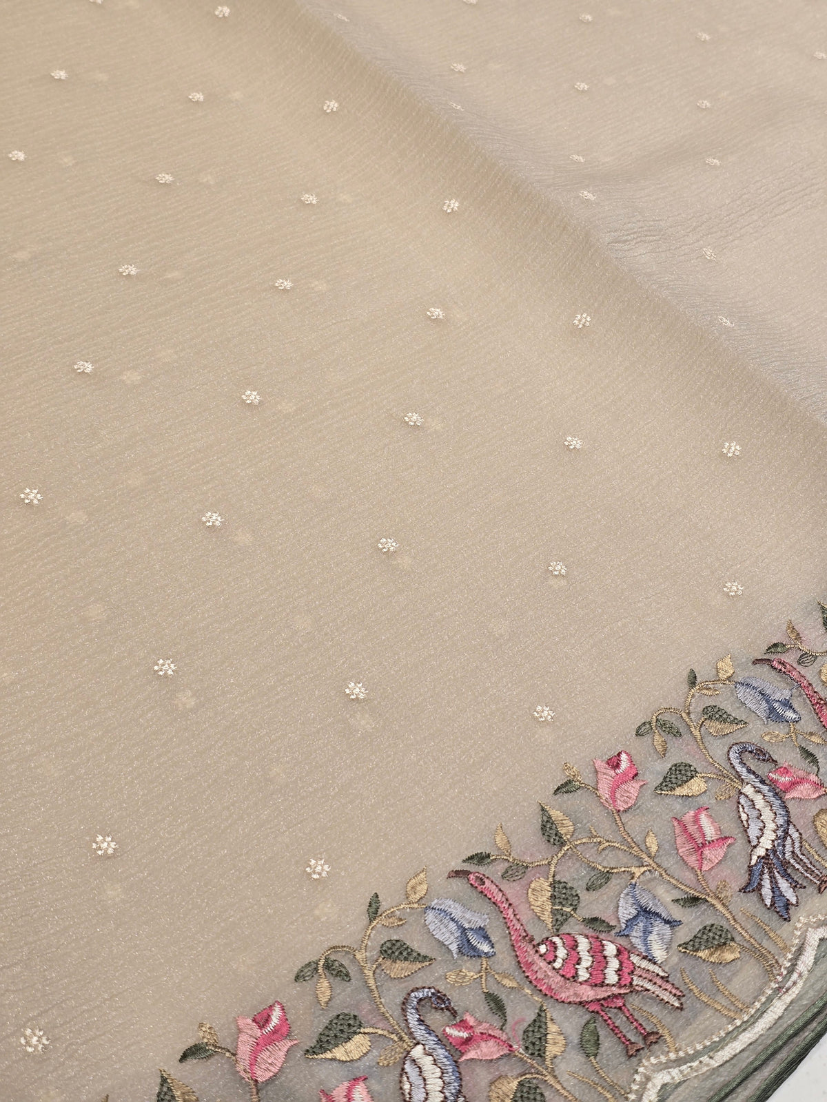 Glass Silk Saree with Crush Material, Small Butta Floral & Peacock Fancy Border – Party Wear
