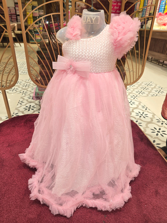 Girl Soft Pink Knitted Asymmetrical Bow Party Gown