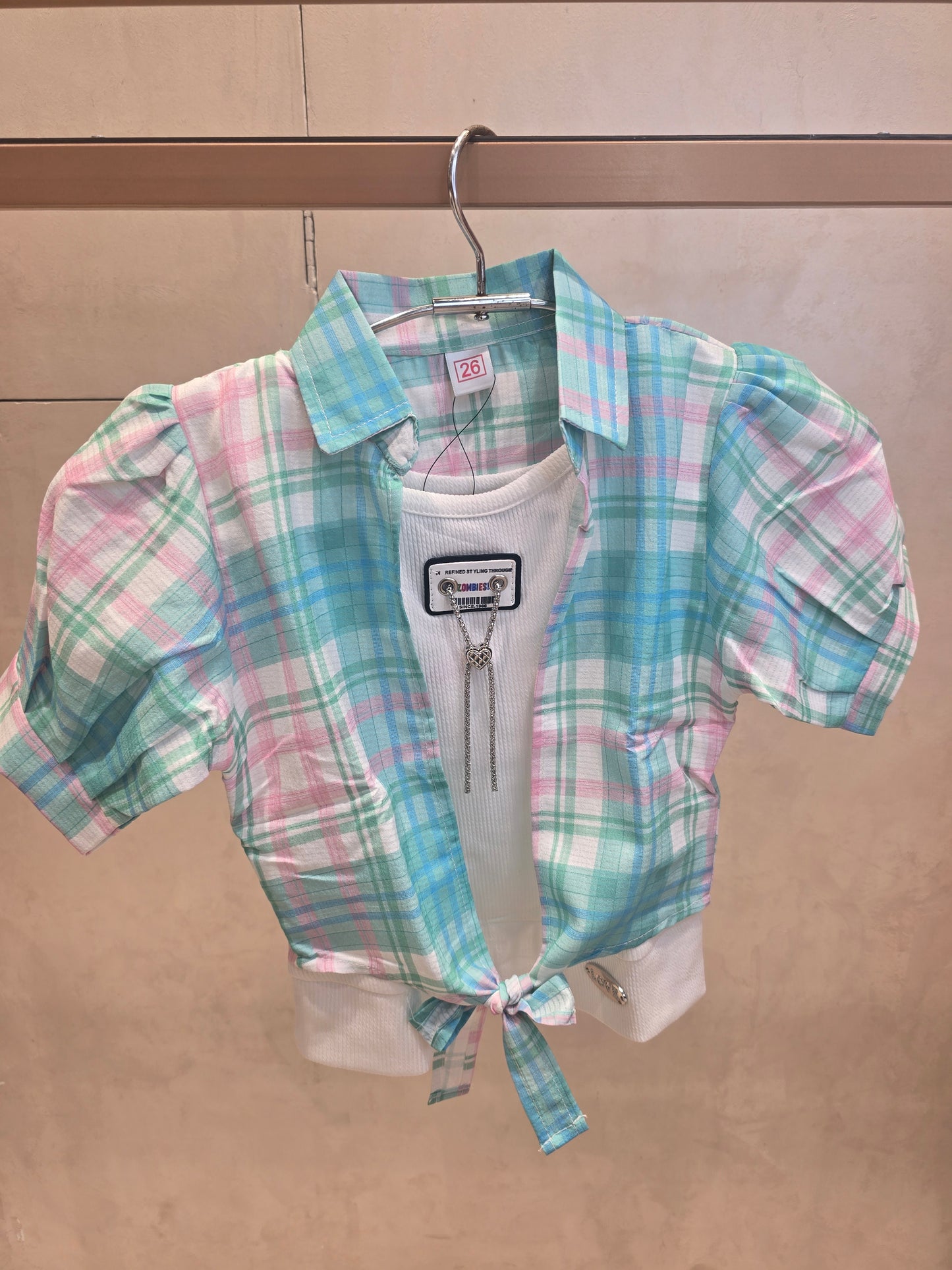 Multi-Colored Chex Cotton Shrug with Attachable Inner T-Shirt, Brauch Design & Buff Sleeves