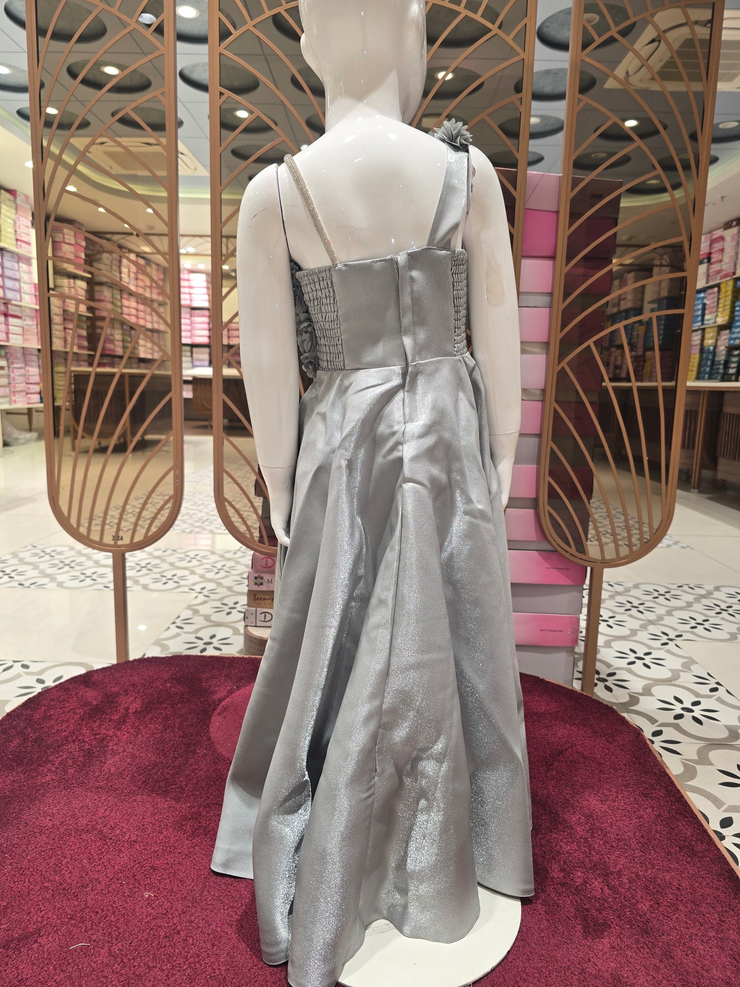 Girl Light Grey Satin Shimmer Western Gown