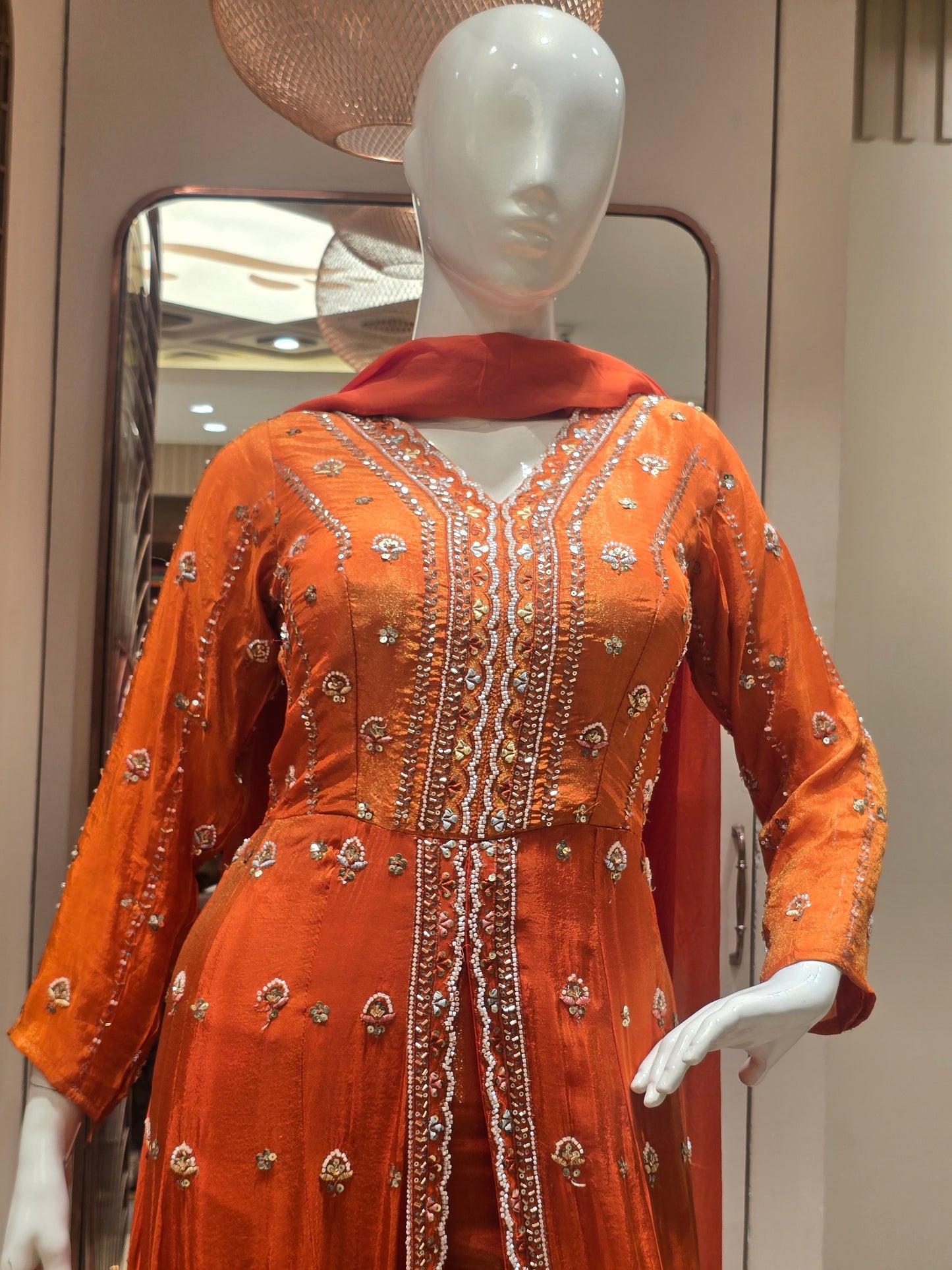 Tissue silk material orange color indo western set with full