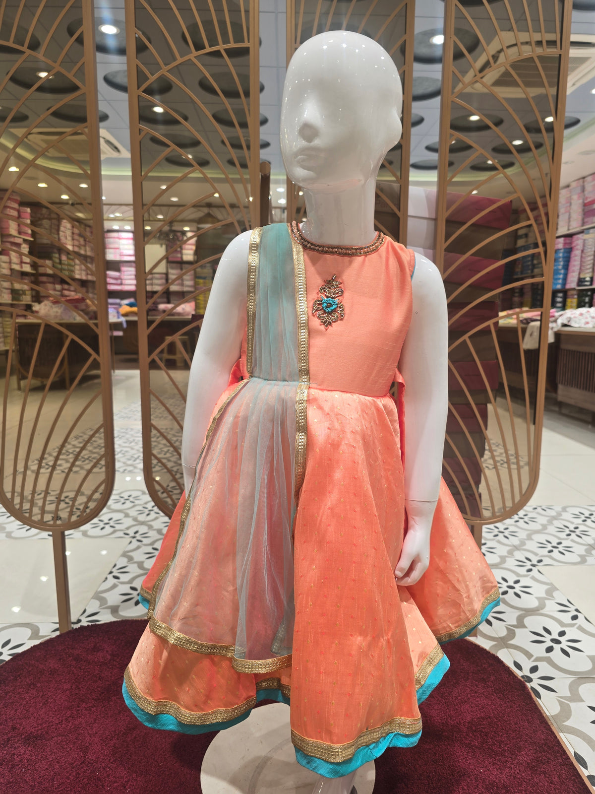 Girls Raw Silk Short Frock with Butta Design and I-Neck