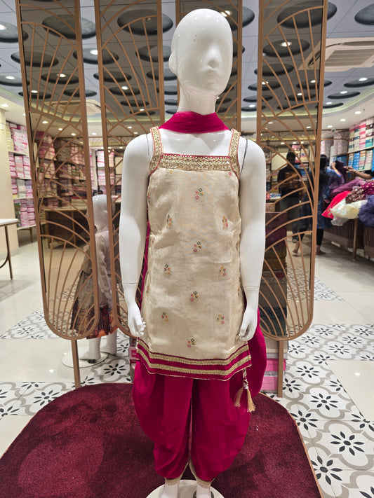 Girls Tissue Silk Patiala Set in Half White with Zari Butta, Square Neck Mirror Work and Net Dupatta for Festive and Traditional Occasions