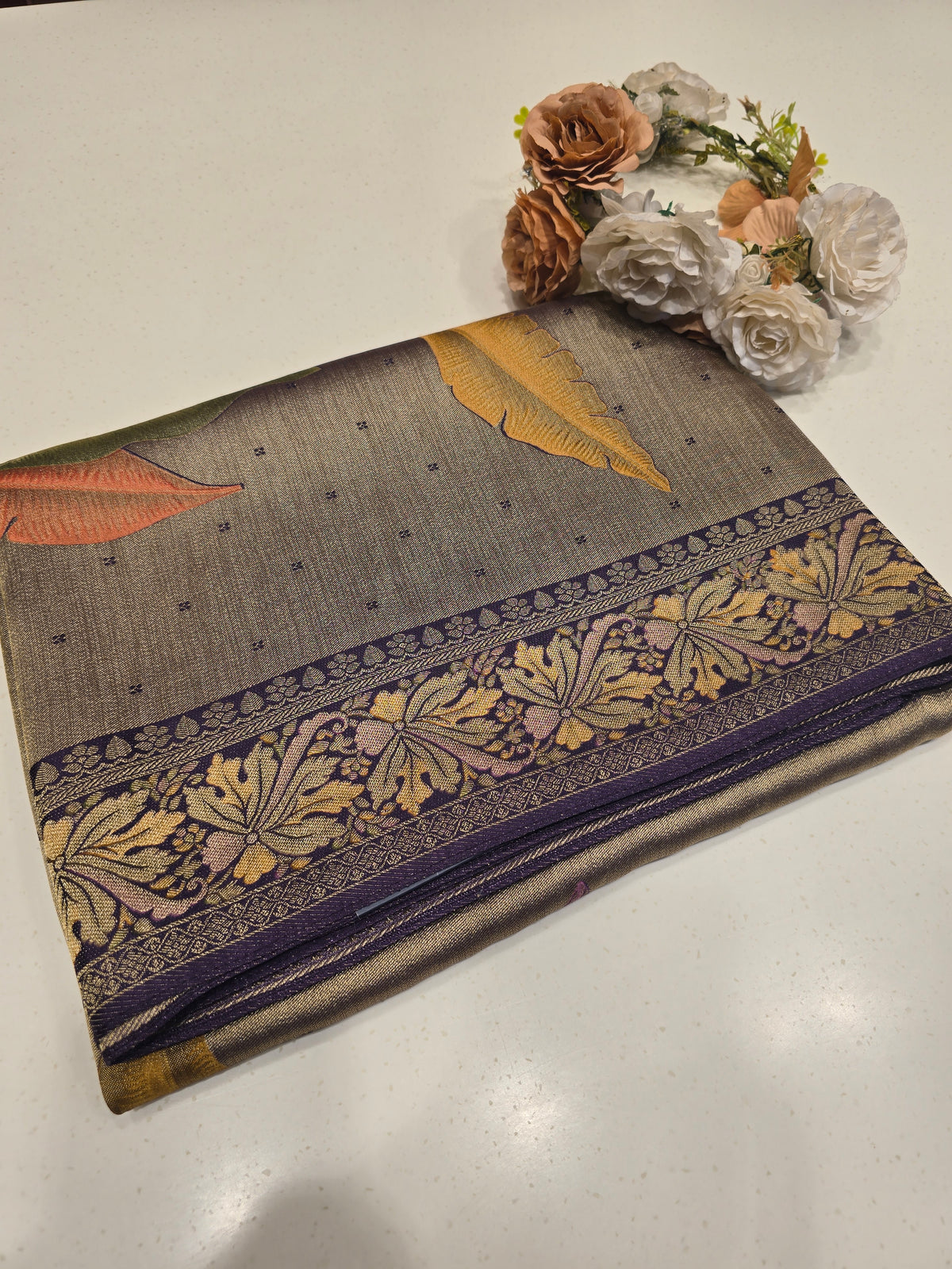 Exclusive Banana Silk Saree with Multi-Coloured & Leaf Design , and micro rose butta ,  Rich Pallu and Traditional Border – Festive Wear