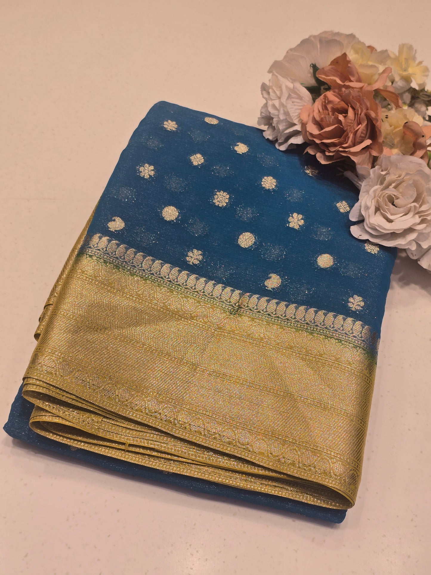 Georgette Silk Saree with Butta Motif, Traditional Zari Border & Contrast Blouse | Festive & Party Wear