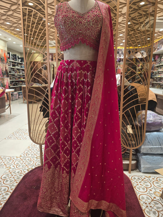 Ethnic Banarasi Bridal Lehenga – Pink with Heavy Jhardosi Work, Butta Dupatta & Diamond-Design Skirt