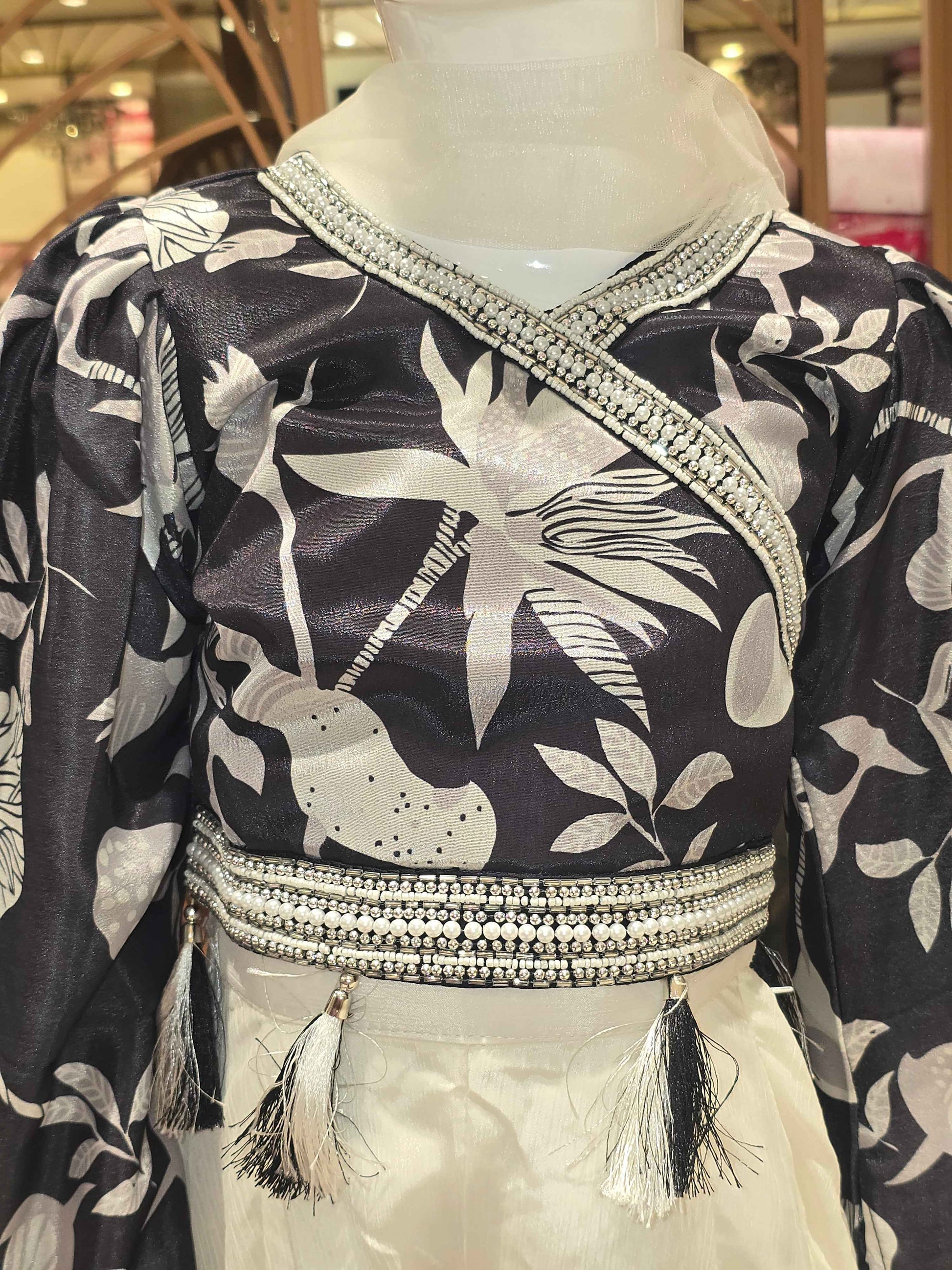 Crepe material black & white colour western plazo sets with floral prints & bell sleeves and dual colour dupatta