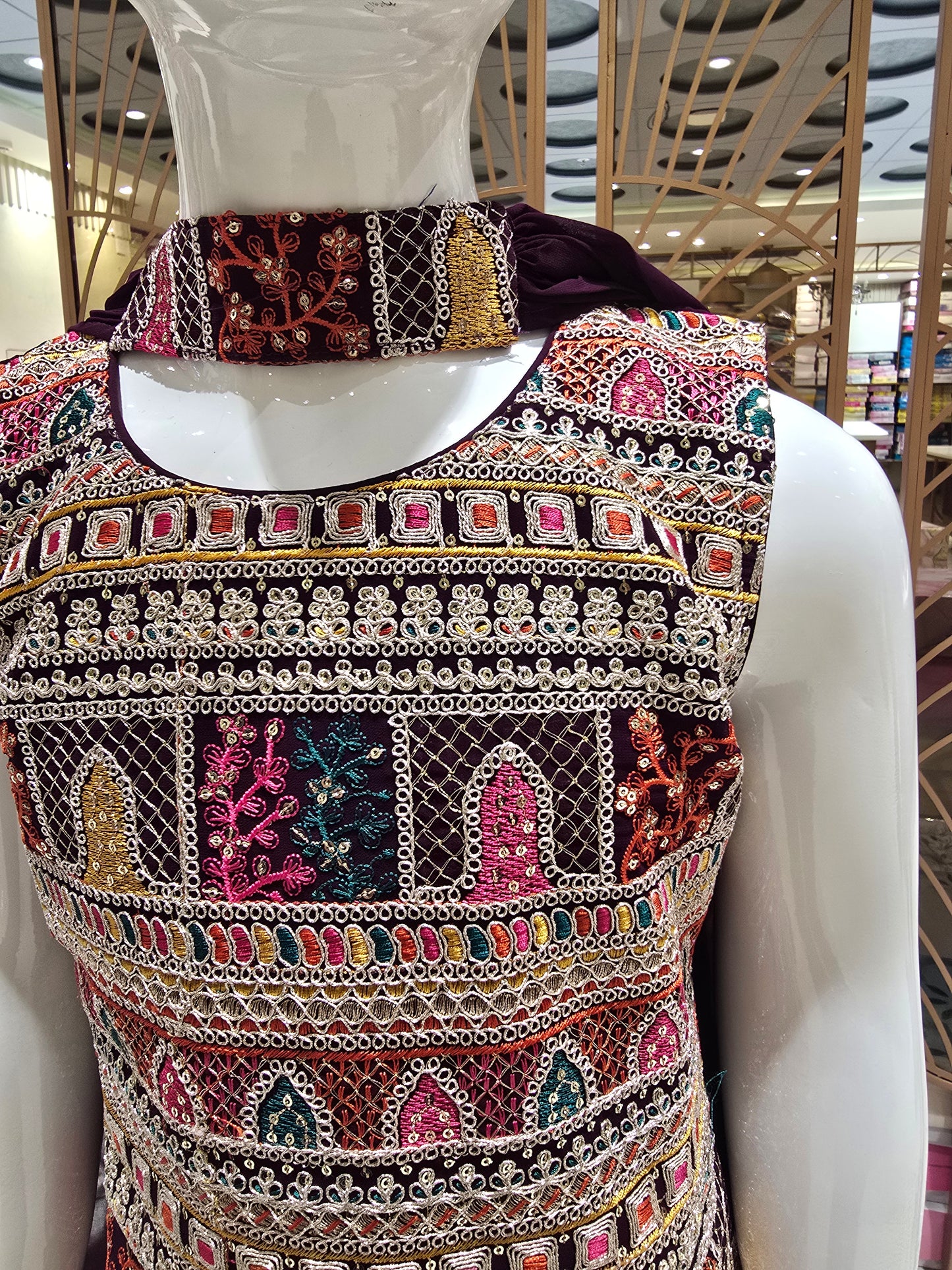 Shiffon material wine colored sharara with zari multi colored embroidery and plated plazo traditional wear with chikar dupata