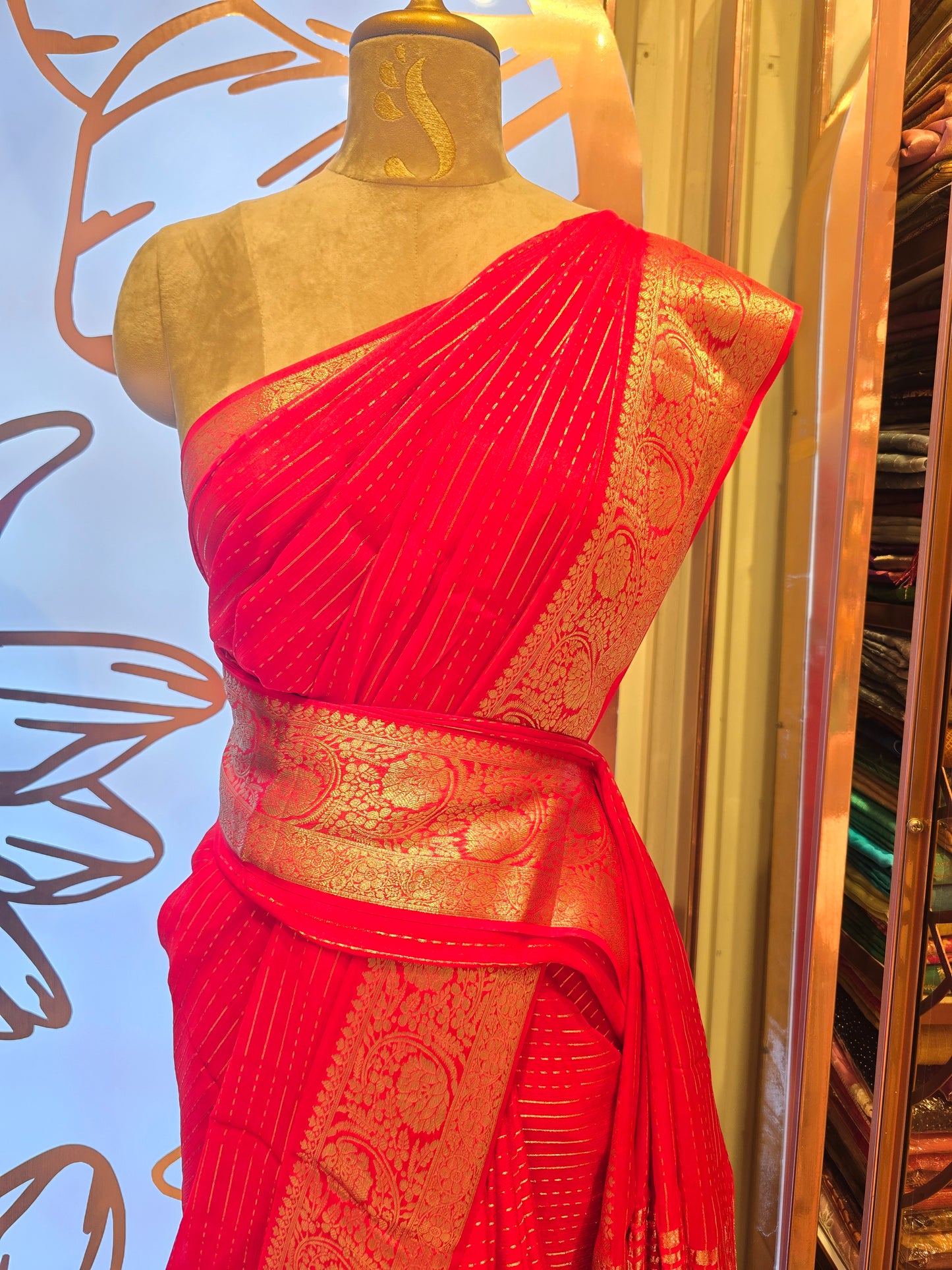 Cherry Red Chiffon Saree with Horizontal Lines and Traditional Gatti Border