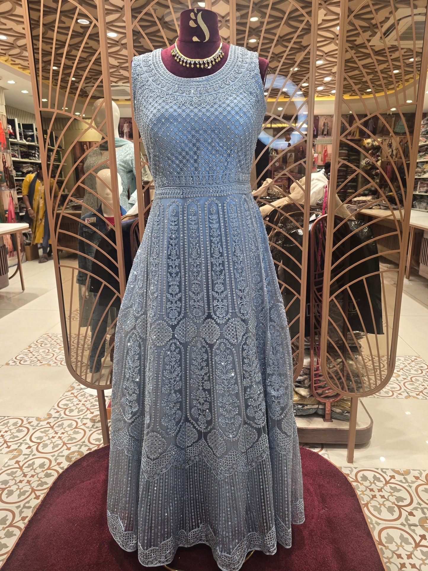 Women’s Sky Blue Net Gown with Double Lining, All-Over Embroidery & Tikli Stone Work – Elegant Party Wear