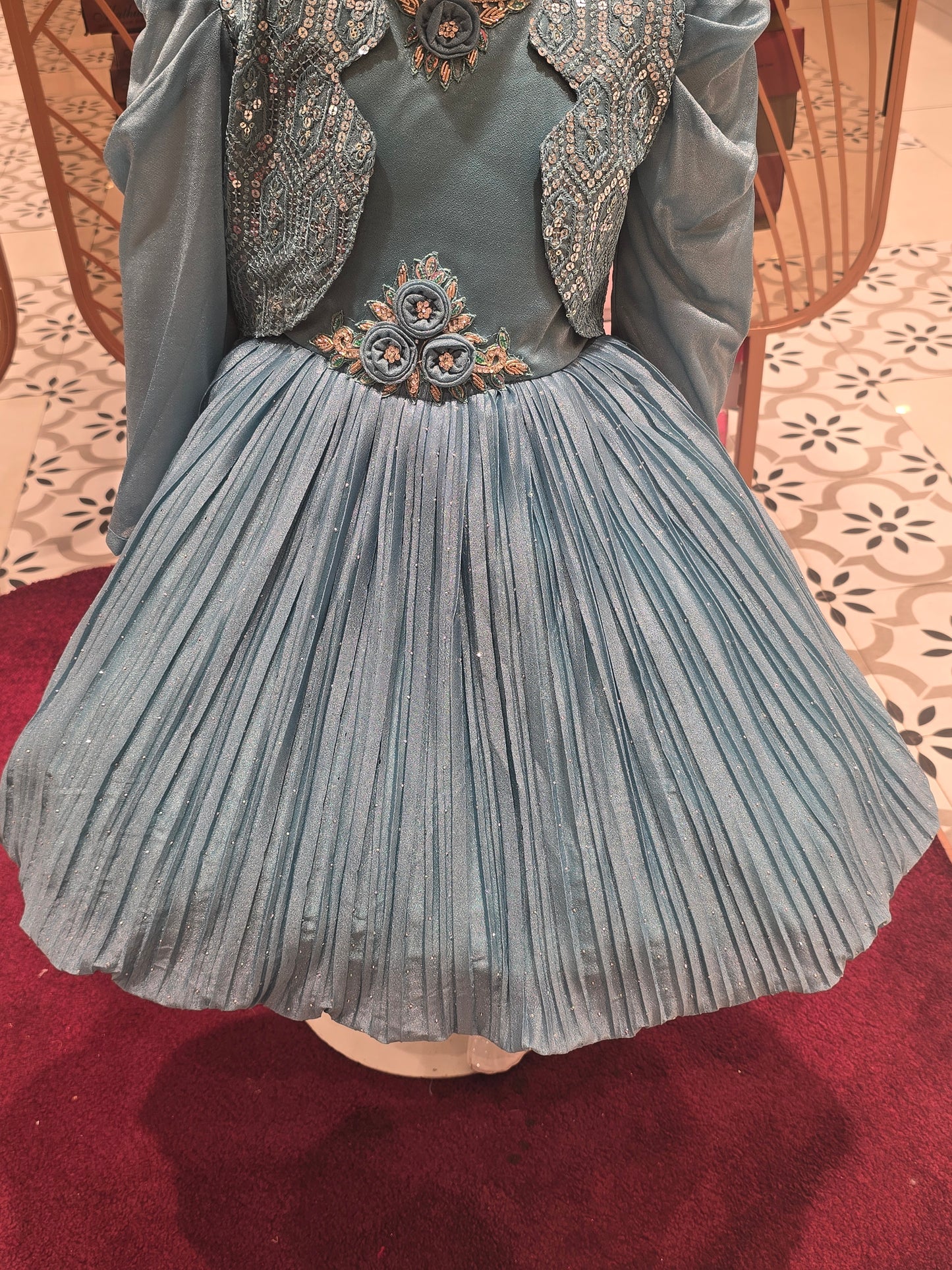 Girl Sky Blue Organza Satin Party Short Frock