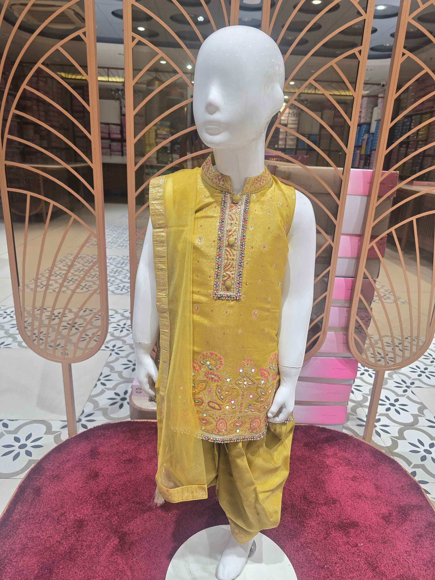Tissue Material olive green color Patiala set with colar neck